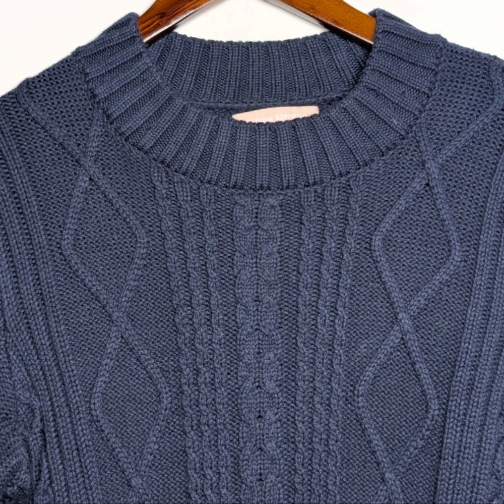 Banana Republic Women's Faux-Leather Trim Cable-Knit Pullover Small Cotton‎ Navy - Picture 5 of 9
